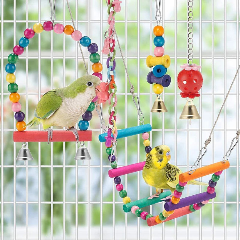 Bird Cage Toys for Parrots Wood Swing Reliable Chewable Bite Bridge Wooden Beads  11pcs Bird Toys