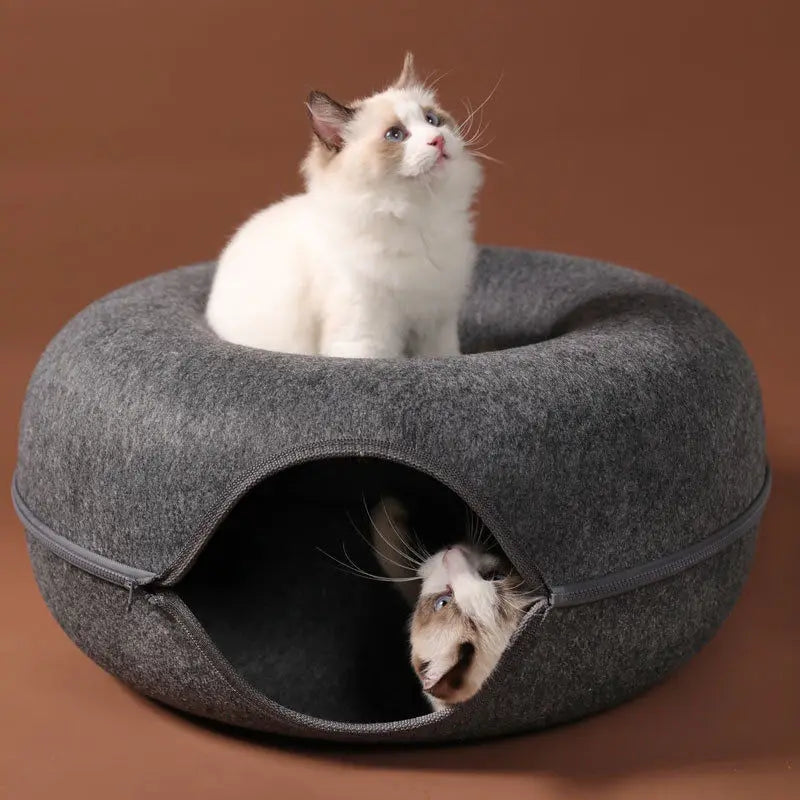 Donut Cat Tunnel Bed  Natural Felt Pet Cat Cave  Round Wool Felt