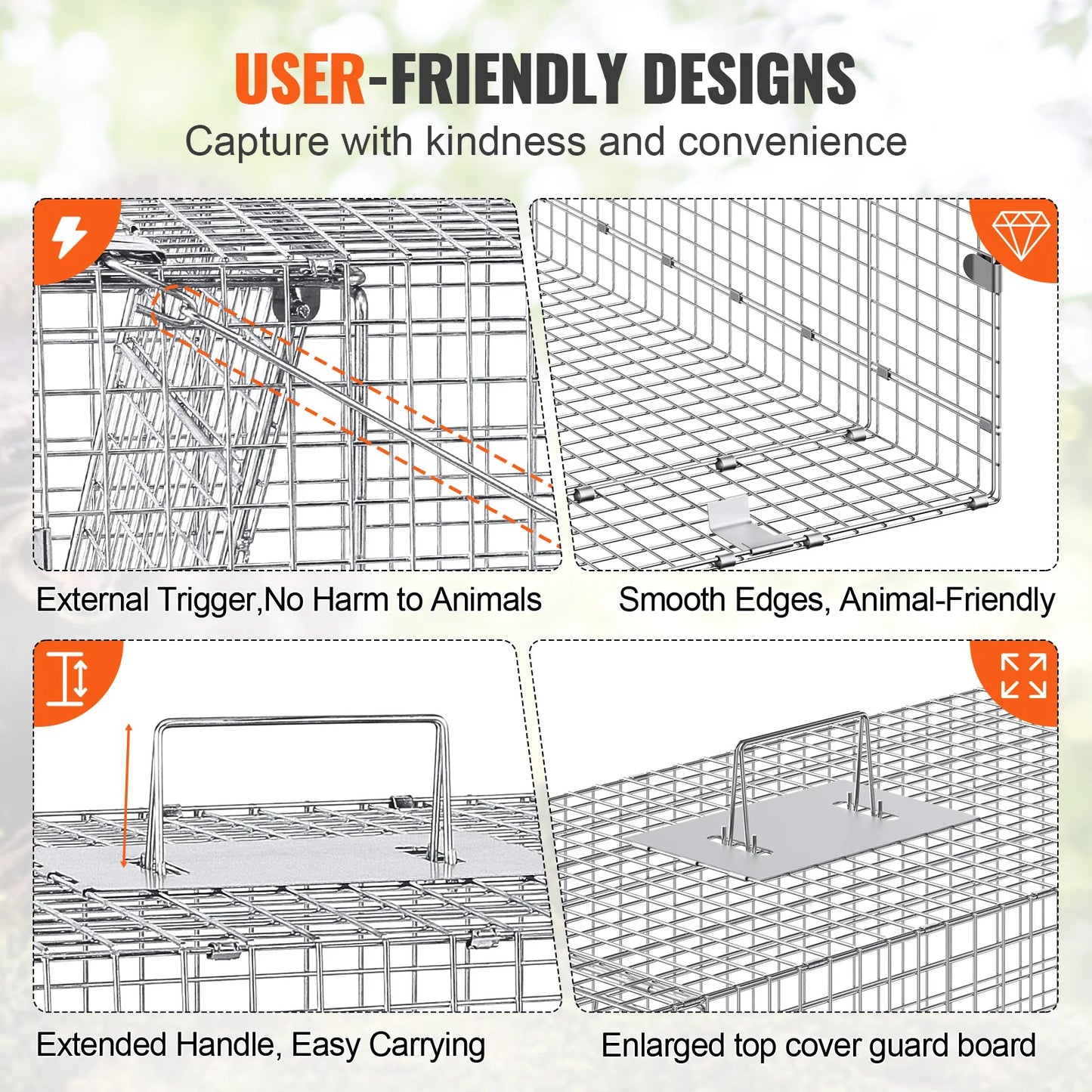 VEVOR 24/31/42/50in Live Animal Cage Trap Folding Humane Cat Trap Galvanized Iron with Handle for Rabbits Squirrels Groundhogs